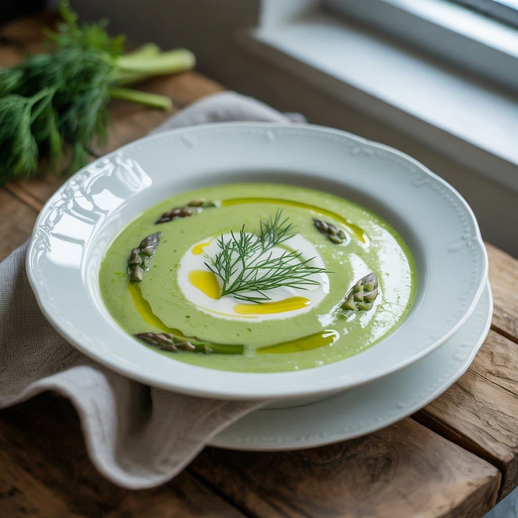 Тарілка крем-супу зі спаржі, прикрашена зеленню